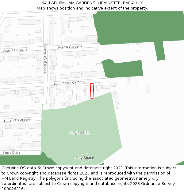 64, LABURNHAM GARDENS, UPMINSTER, RM14 1HX: Location map and indicative extent of plot