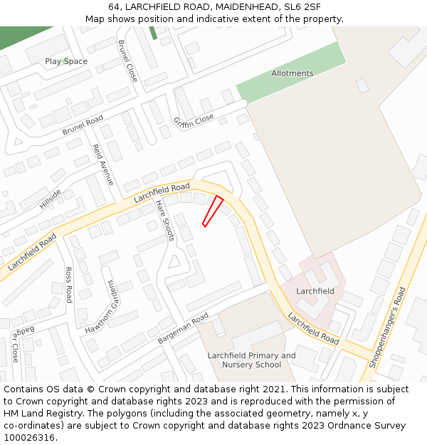 64, LARCHFIELD ROAD, MAIDENHEAD, SL6 2SF: Location map and indicative extent of plot