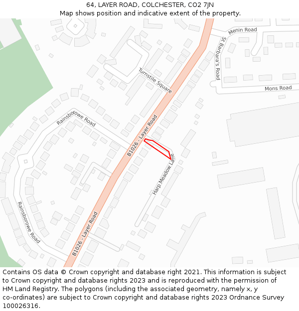 64, LAYER ROAD, COLCHESTER, CO2 7JN: Location map and indicative extent of plot