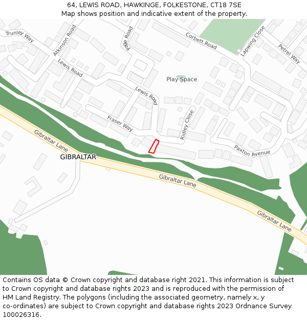 64, LEWIS ROAD, HAWKINGE, FOLKESTONE, CT18 7SE: Location map and indicative extent of plot