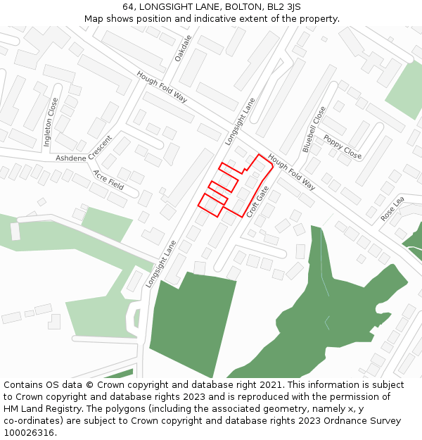 64, LONGSIGHT LANE, BOLTON, BL2 3JS: Location map and indicative extent of plot