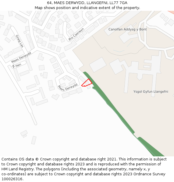 64, MAES DERWYDD, LLANGEFNI, LL77 7GA: Location map and indicative extent of plot