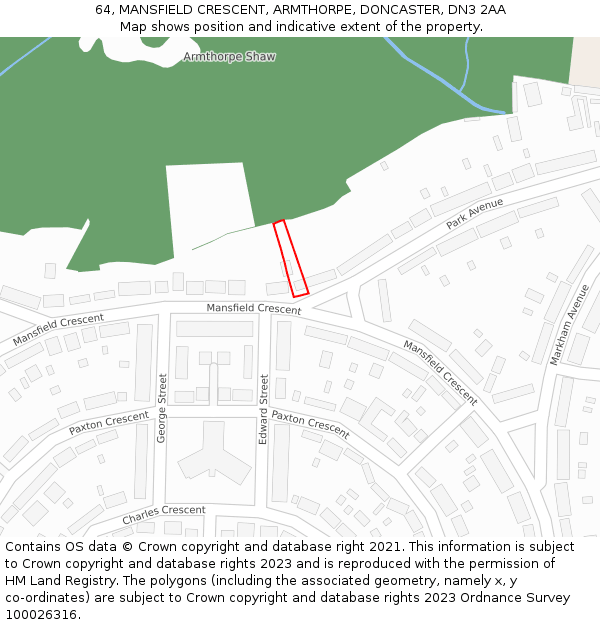 64, MANSFIELD CRESCENT, ARMTHORPE, DONCASTER, DN3 2AA: Location map and indicative extent of plot