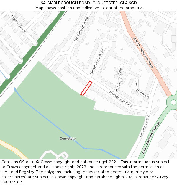 64, MARLBOROUGH ROAD, GLOUCESTER, GL4 6GD: Location map and indicative extent of plot