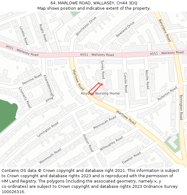 64, MARLOWE ROAD, WALLASEY, CH44 3DQ: Location map and indicative extent of plot