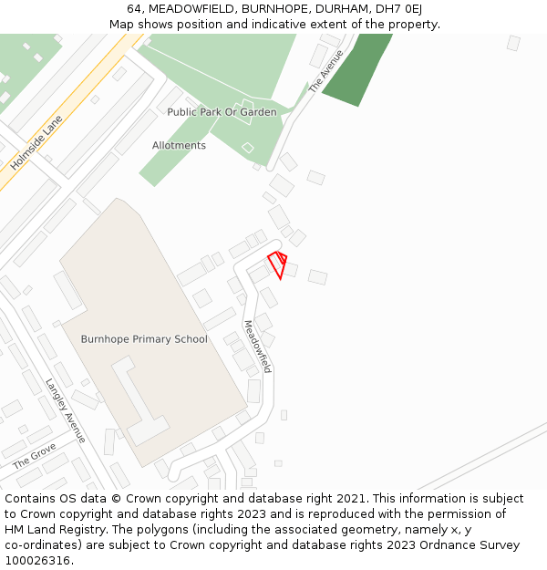 64, MEADOWFIELD, BURNHOPE, DURHAM, DH7 0EJ: Location map and indicative extent of plot