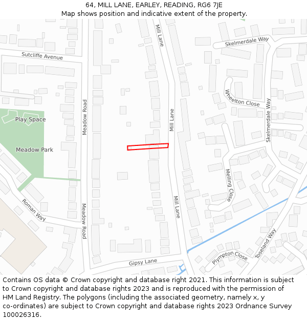 64, MILL LANE, EARLEY, READING, RG6 7JE: Location map and indicative extent of plot