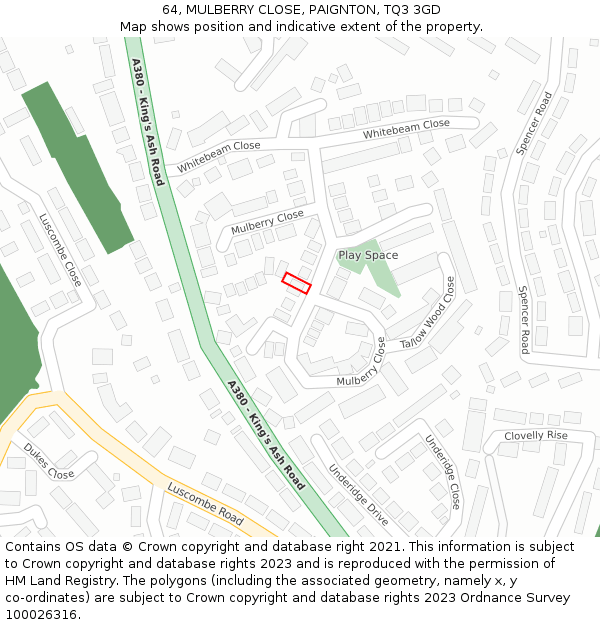 64, MULBERRY CLOSE, PAIGNTON, TQ3 3GD: Location map and indicative extent of plot