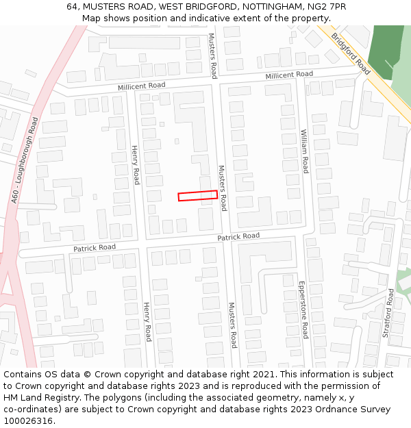 64, MUSTERS ROAD, WEST BRIDGFORD, NOTTINGHAM, NG2 7PR: Location map and indicative extent of plot