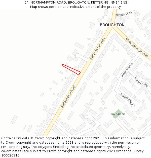 64, NORTHAMPTON ROAD, BROUGHTON, KETTERING, NN14 1NS: Location map and indicative extent of plot