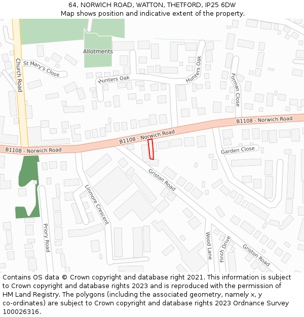 64, NORWICH ROAD, WATTON, THETFORD, IP25 6DW: Location map and indicative extent of plot