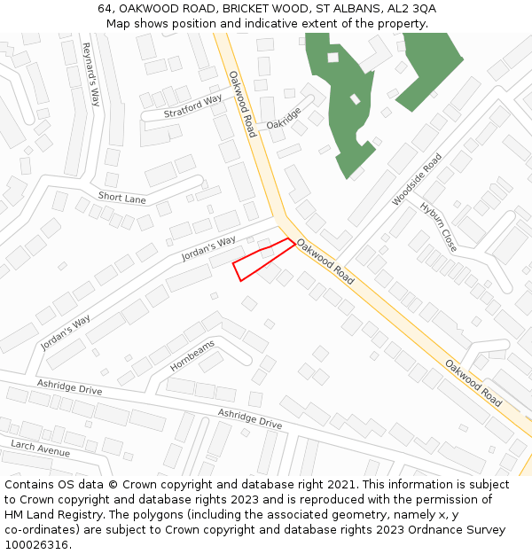 64, OAKWOOD ROAD, BRICKET WOOD, ST ALBANS, AL2 3QA: Location map and indicative extent of plot