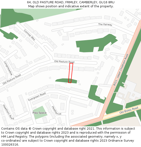 64, OLD PASTURE ROAD, FRIMLEY, CAMBERLEY, GU16 8RU: Location map and indicative extent of plot