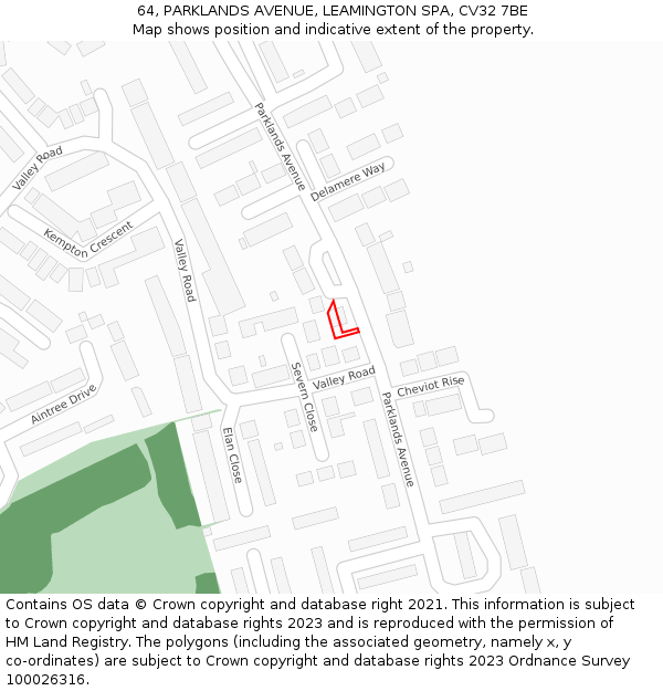 64, PARKLANDS AVENUE, LEAMINGTON SPA, CV32 7BE: Location map and indicative extent of plot