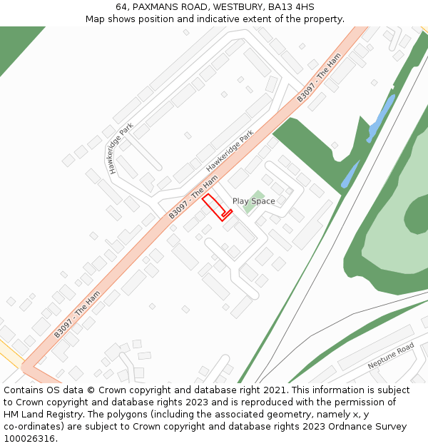 64, PAXMANS ROAD, WESTBURY, BA13 4HS: Location map and indicative extent of plot