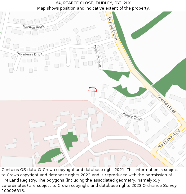 64, PEARCE CLOSE, DUDLEY, DY1 2LX: Location map and indicative extent of plot