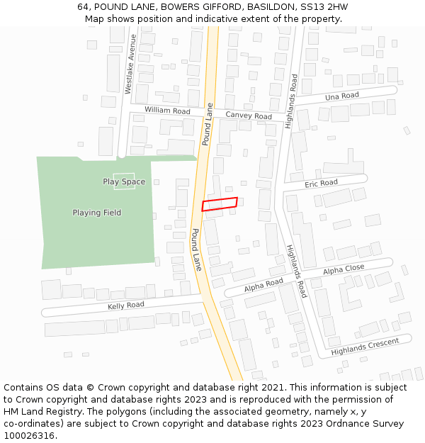 64, POUND LANE, BOWERS GIFFORD, BASILDON, SS13 2HW: Location map and indicative extent of plot