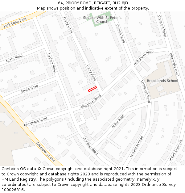 64, PRIORY ROAD, REIGATE, RH2 8JB: Location map and indicative extent of plot