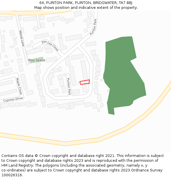 64, PURITON PARK, PURITON, BRIDGWATER, TA7 8BJ: Location map and indicative extent of plot