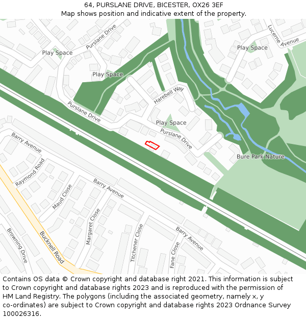 64, PURSLANE DRIVE, BICESTER, OX26 3EF: Location map and indicative extent of plot
