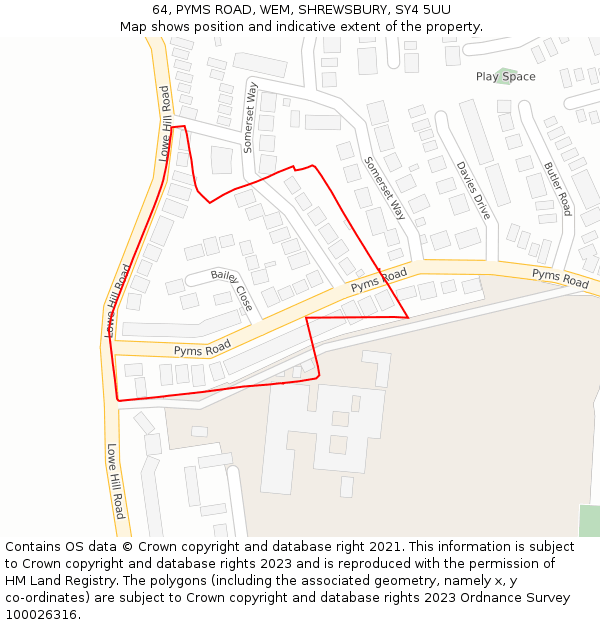 64, PYMS ROAD, WEM, SHREWSBURY, SY4 5UU: Location map and indicative extent of plot