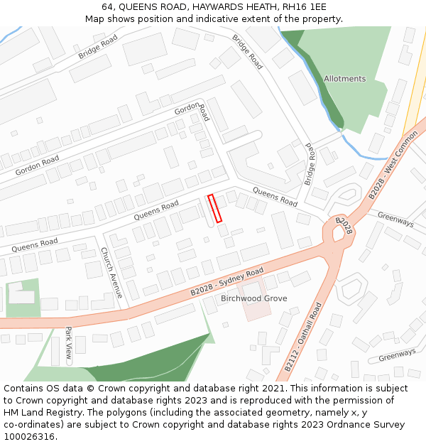 64, QUEENS ROAD, HAYWARDS HEATH, RH16 1EE: Location map and indicative extent of plot