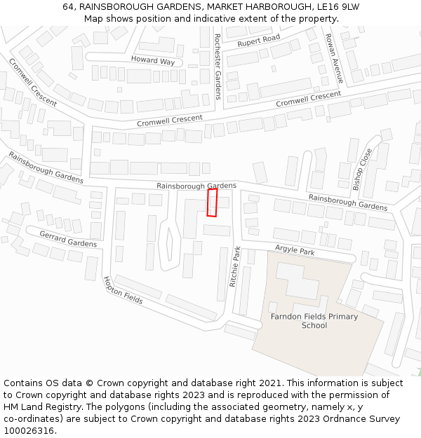 64, RAINSBOROUGH GARDENS, MARKET HARBOROUGH, LE16 9LW: Location map and indicative extent of plot