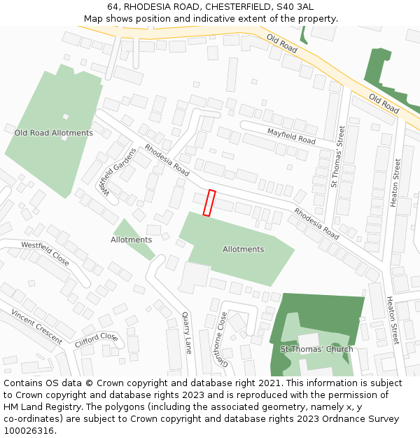 64, RHODESIA ROAD, CHESTERFIELD, S40 3AL: Location map and indicative extent of plot