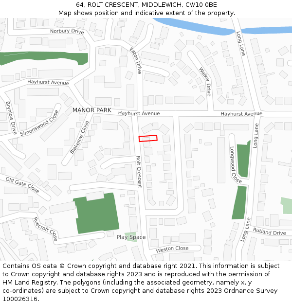 64, ROLT CRESCENT, MIDDLEWICH, CW10 0BE: Location map and indicative extent of plot