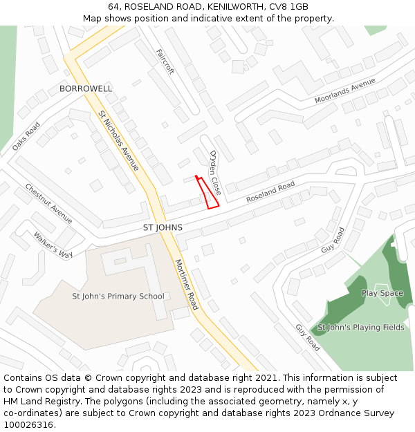 64, ROSELAND ROAD, KENILWORTH, CV8 1GB: Location map and indicative extent of plot