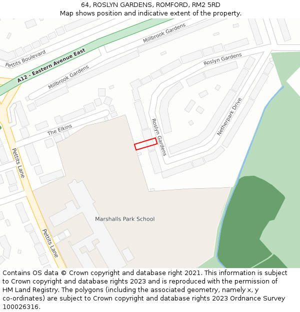 64, ROSLYN GARDENS, ROMFORD, RM2 5RD: Location map and indicative extent of plot