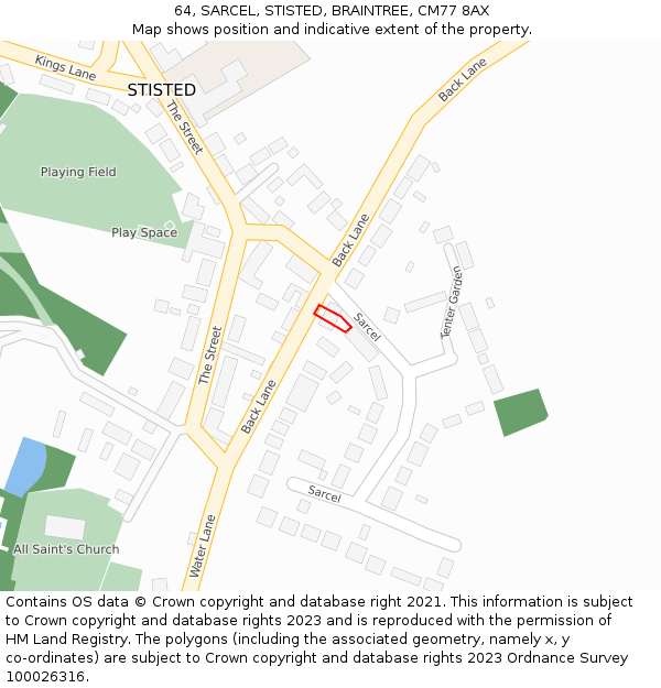 64, SARCEL, STISTED, BRAINTREE, CM77 8AX: Location map and indicative extent of plot
