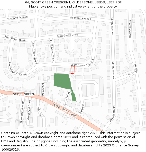 64, SCOTT GREEN CRESCENT, GILDERSOME, LEEDS, LS27 7DF: Location map and indicative extent of plot