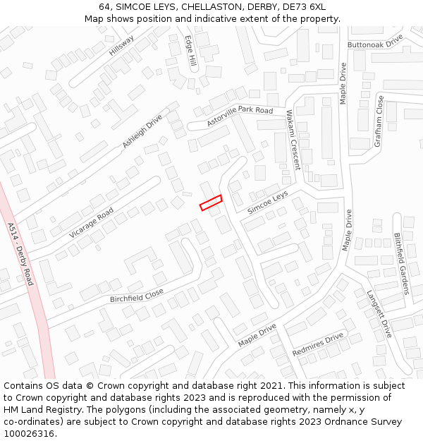 64, SIMCOE LEYS, CHELLASTON, DERBY, DE73 6XL: Location map and indicative extent of plot