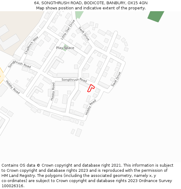 64, SONGTHRUSH ROAD, BODICOTE, BANBURY, OX15 4GN: Location map and indicative extent of plot