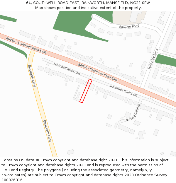 64, SOUTHWELL ROAD EAST, RAINWORTH, MANSFIELD, NG21 0EW: Location map and indicative extent of plot