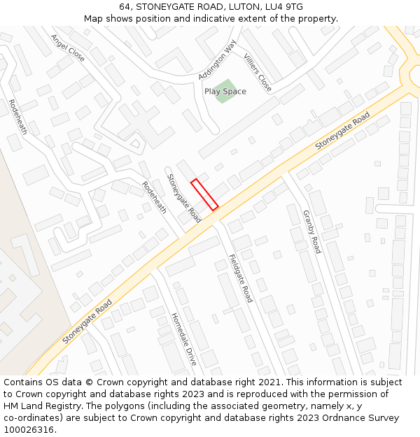 64, STONEYGATE ROAD, LUTON, LU4 9TG: Location map and indicative extent of plot