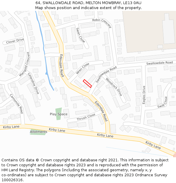 64, SWALLOWDALE ROAD, MELTON MOWBRAY, LE13 0AU: Location map and indicative extent of plot