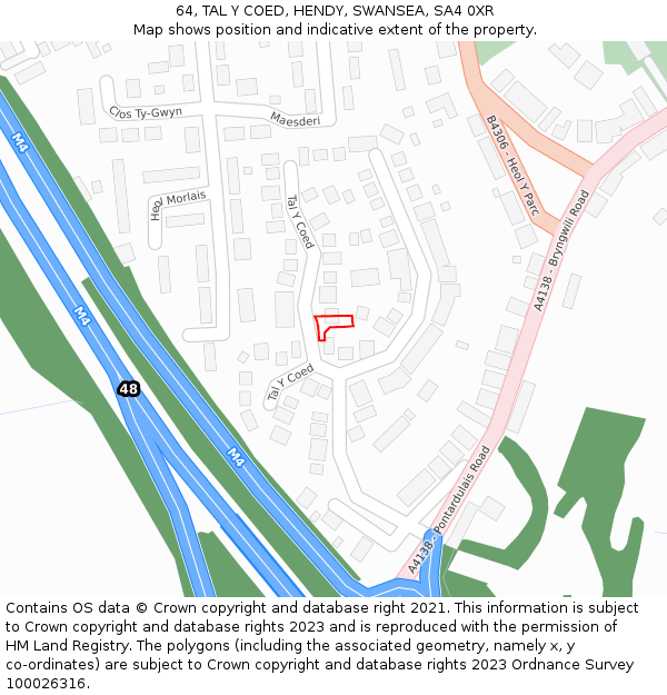 64, TAL Y COED, HENDY, SWANSEA, SA4 0XR: Location map and indicative extent of plot