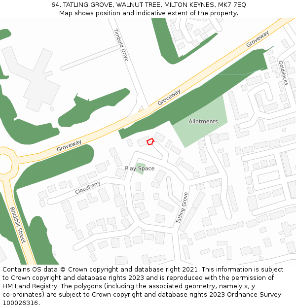 64, TATLING GROVE, WALNUT TREE, MILTON KEYNES, MK7 7EQ: Location map and indicative extent of plot