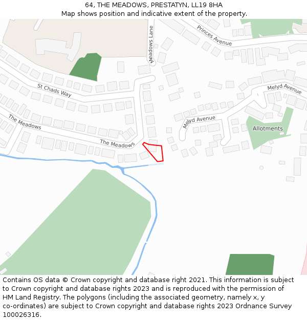 64, THE MEADOWS, PRESTATYN, LL19 8HA: Location map and indicative extent of plot