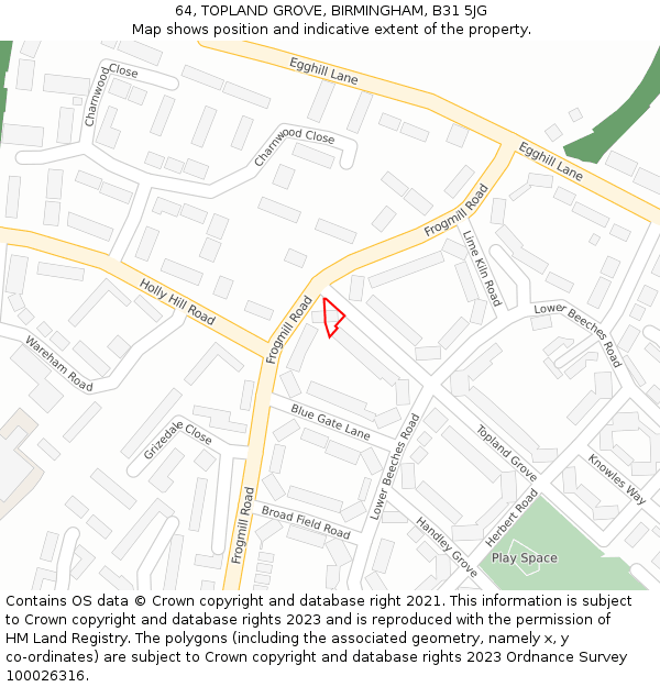 64, TOPLAND GROVE, BIRMINGHAM, B31 5JG: Location map and indicative extent of plot