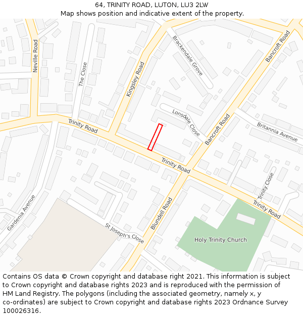 64, TRINITY ROAD, LUTON, LU3 2LW: Location map and indicative extent of plot