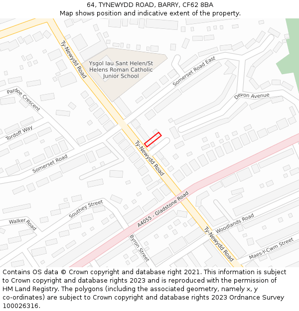 64, TYNEWYDD ROAD, BARRY, CF62 8BA: Location map and indicative extent of plot