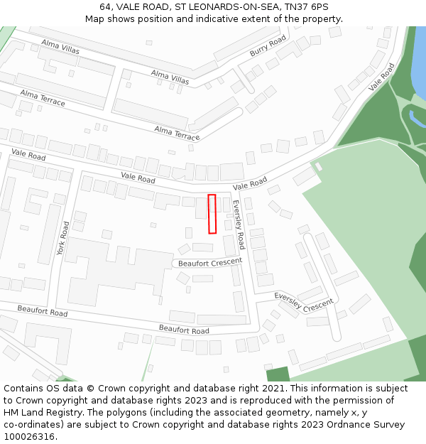 64, VALE ROAD, ST LEONARDS-ON-SEA, TN37 6PS: Location map and indicative extent of plot