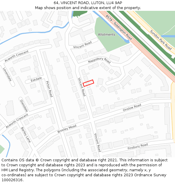 64, VINCENT ROAD, LUTON, LU4 9AP: Location map and indicative extent of plot