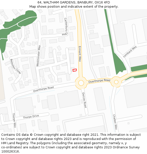 64, WALTHAM GARDENS, BANBURY, OX16 4FD: Location map and indicative extent of plot