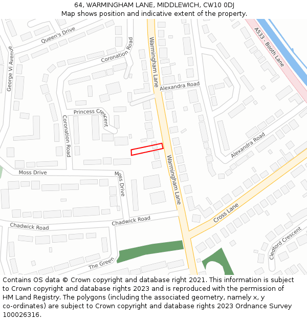 64, WARMINGHAM LANE, MIDDLEWICH, CW10 0DJ: Location map and indicative extent of plot