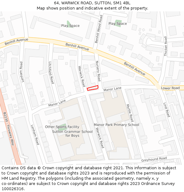 64, WARWICK ROAD, SUTTON, SM1 4BL: Location map and indicative extent of plot