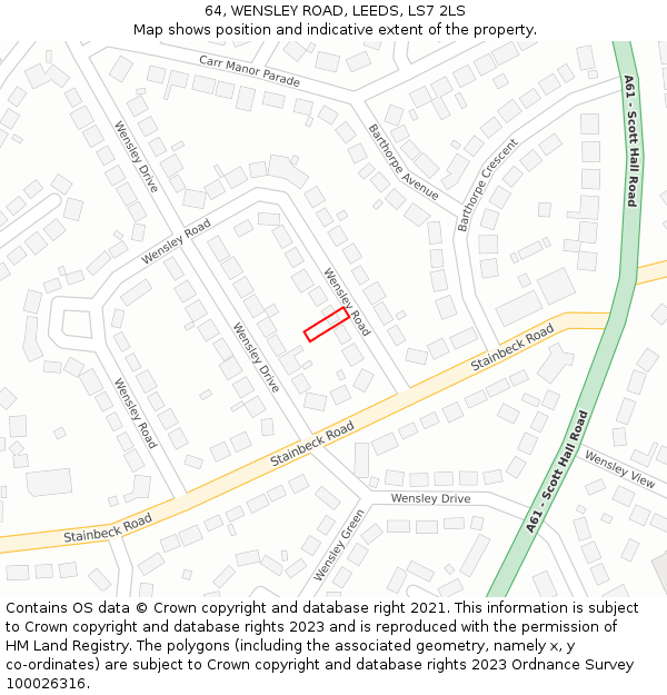 64, WENSLEY ROAD, LEEDS, LS7 2LS: Location map and indicative extent of plot